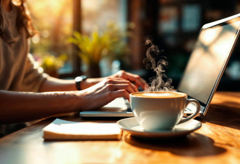 Imagem mostra mulher digitando no computador e ao lado tem um bloco de notas e uma xícara de café saindo vapor