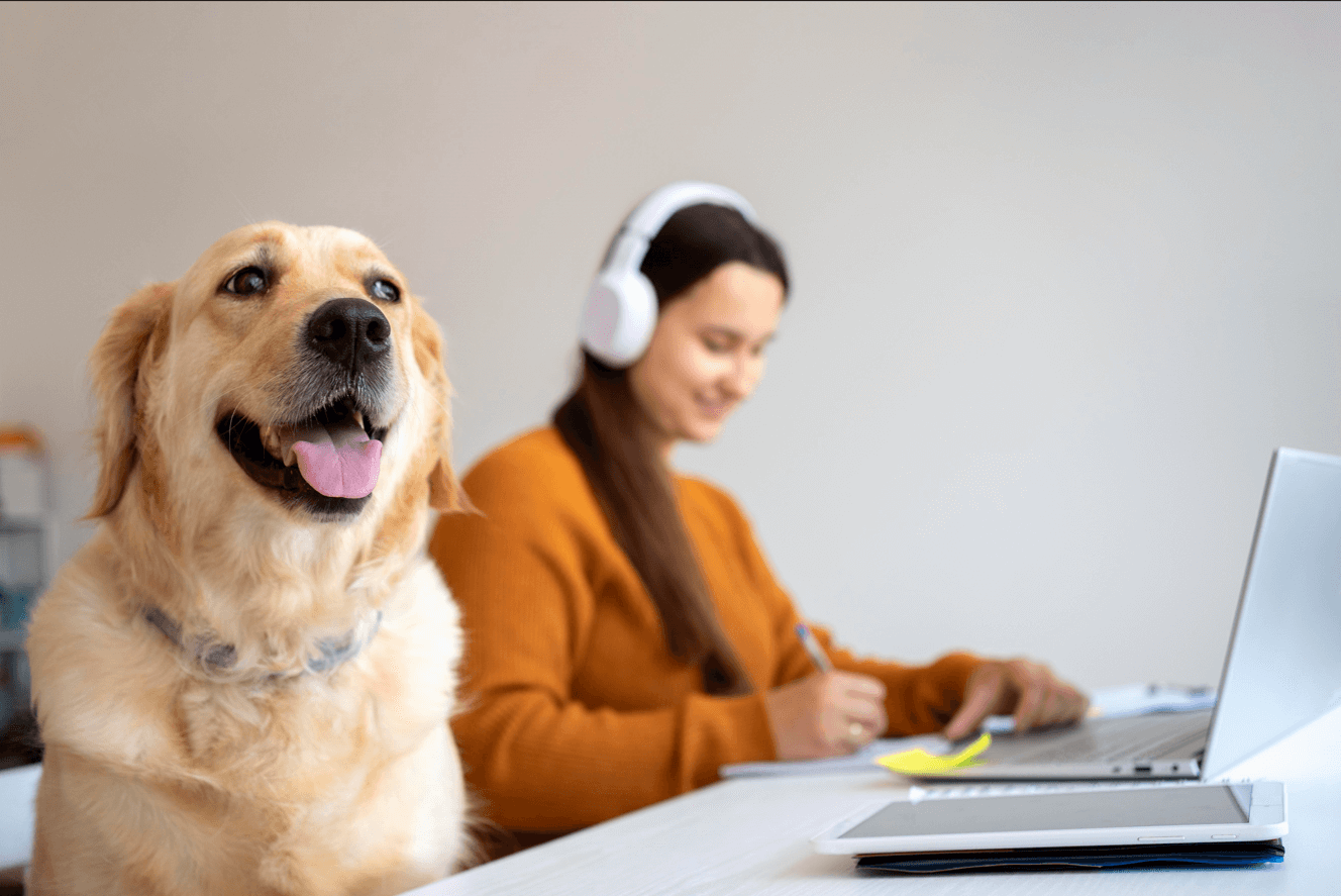 Imagem mostra uma moça jovem trabalhando, usando fones de ouvido e seu cachorro ao lado dela na mesa