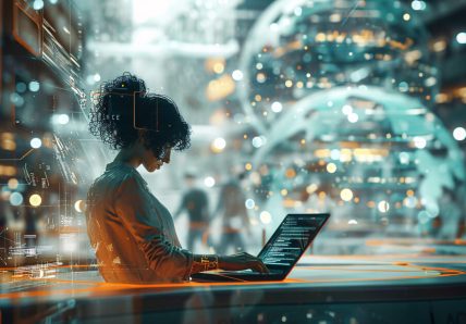 Imagem mostra mulher, de aparência jovem, de pé, com o notebook apoiado em uma mesa. Ao fundo a aparência é tecnologia, como se estivesse no futuro.