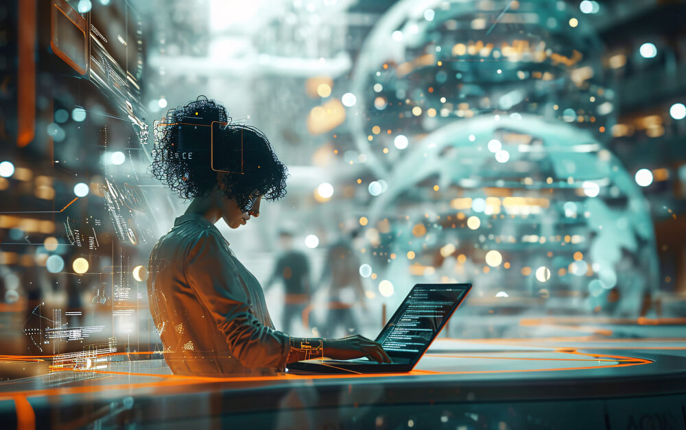 Imagem mostra mulher, de aparência jovem, de pé, com o notebook apoiado em uma mesa. Ao fundo a aparência é tecnologia, como se estivesse no futuro.